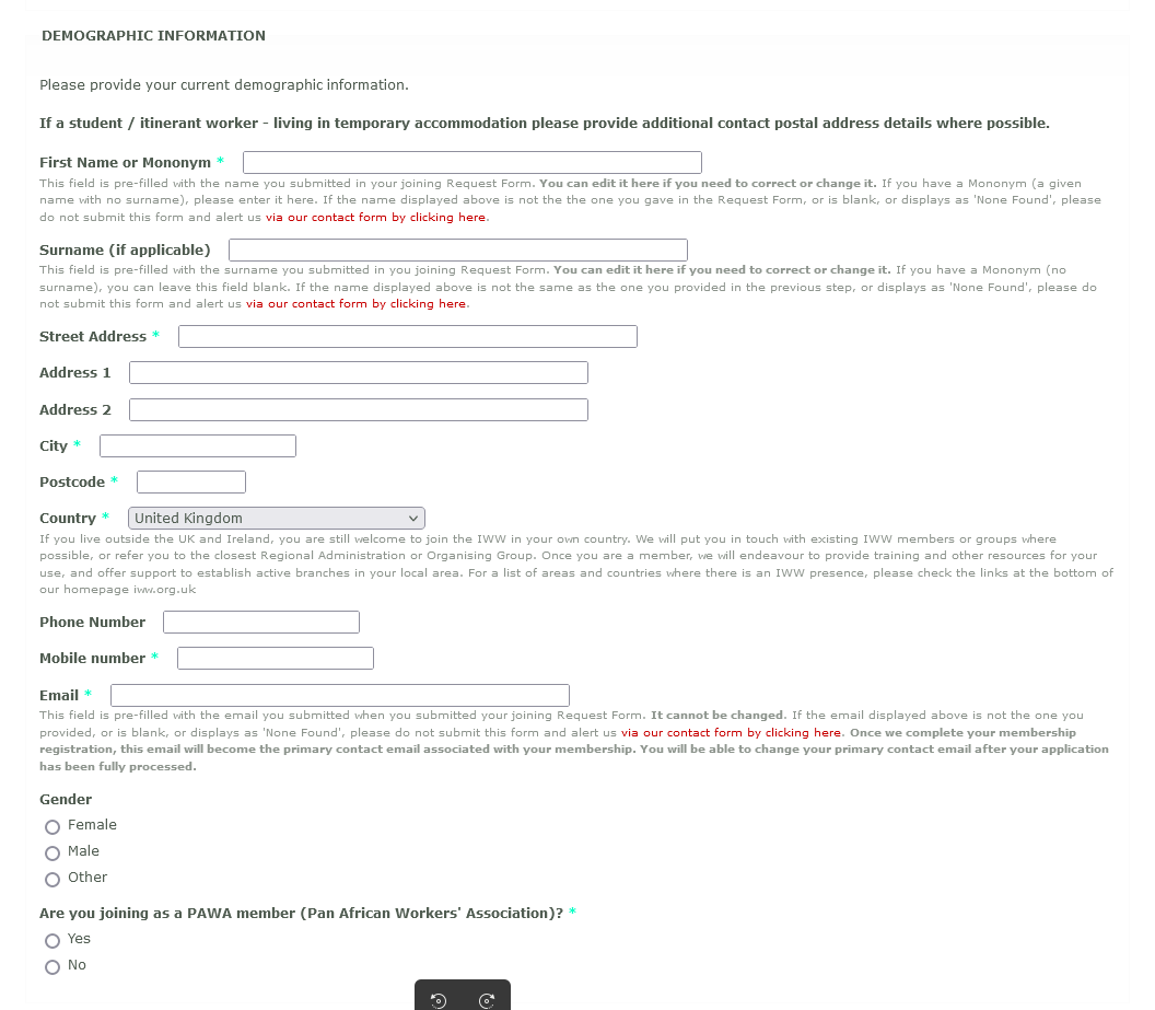 Join IWW Full Application Form "DEMOGRAPHIC DETAILS" section