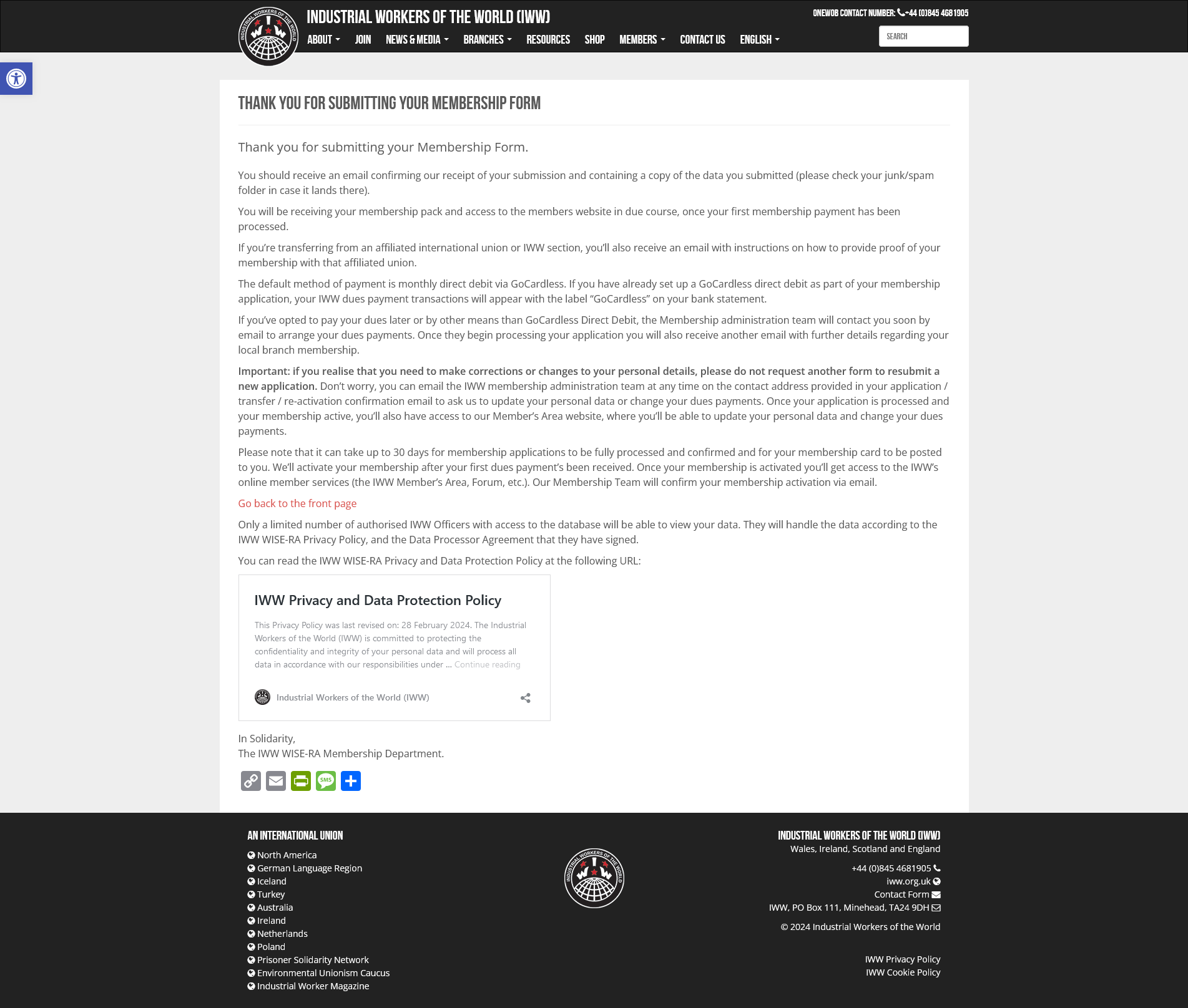 Join IWW Full Application Form Thank you page